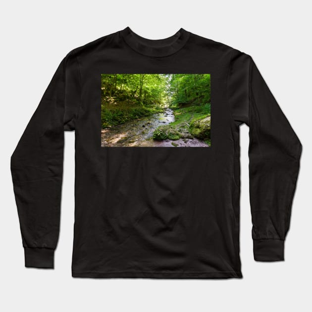 Mountain river flowing through valley Long Sleeve T-Shirt by naturalis